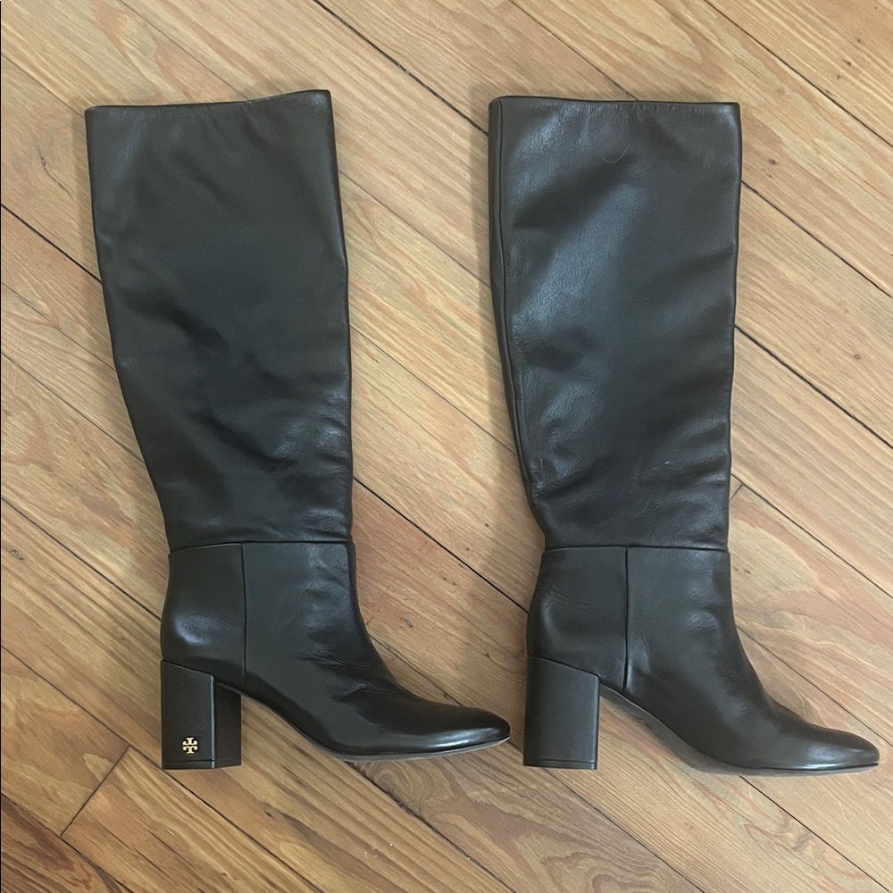 Tory Burch Black Leather Knee High Heeled Boots